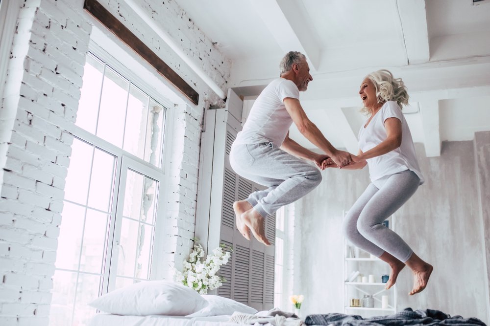 Old Couple Jumping On Bed, Comfort, Flash photography, Gesture