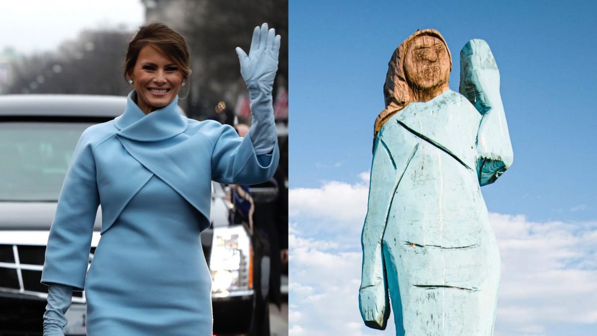 Melania Trump Sculpture In Slovenia, Outerwear, Shoulder, Arm, Smile, Azure, Sky, Fashion, Flash photography, Sleeve, Standing