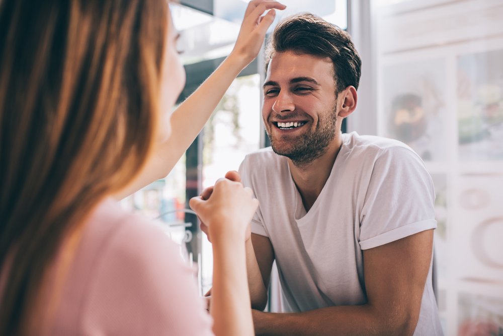 Touch His Hair Couple, Smile, Arm, Shoulder, Eyelash, Beard, Happy, Gesture