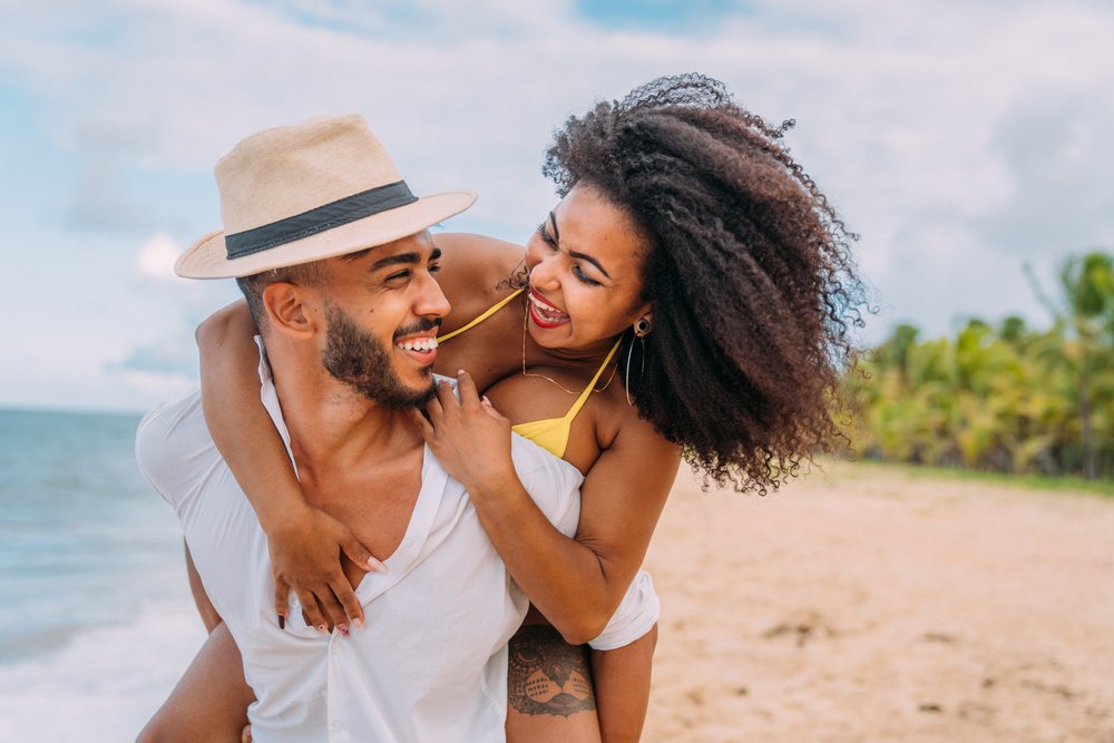 Couple Vacation In Summer Beach, Sky, Hairstyle, Cloud, Hat, Smile, People on beach, People in nature, Fedora, Flash photography, Happy