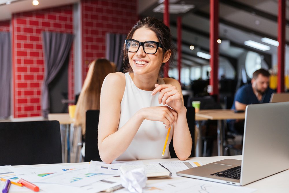 Confident Working Woman, Glasses, Smile, Table, Laptop, Personal computer, Computer