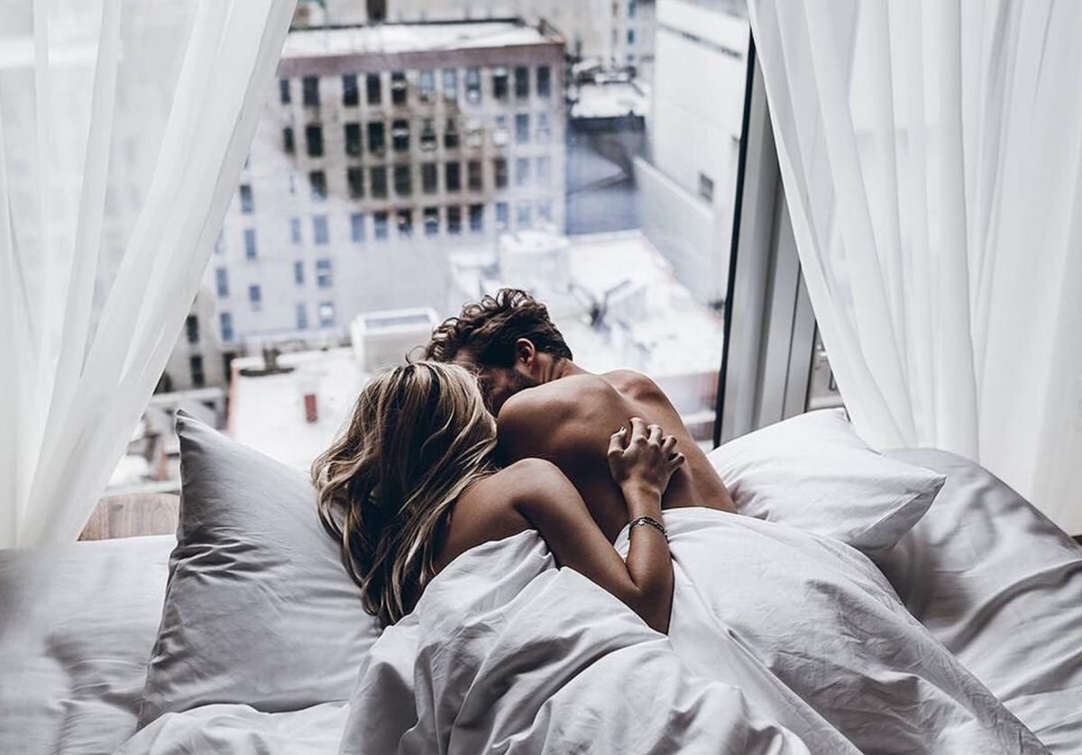 Couple In Bed With View, Comfort, Dress, Curtain