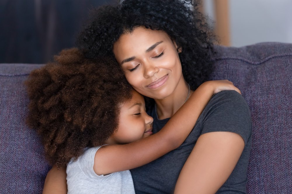 Black Mom Hugging Daughter, Smile, Lip, Eyebrow, Jheri curl, Happy, Gesture