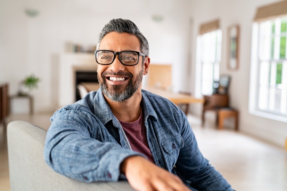 Glasses Man, Glasses, Smile, Furniture, Window, Vision care, Beard