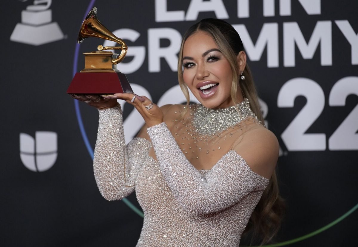 FILE - Chiquis Rivera poses in the press room with the award for best band album for 